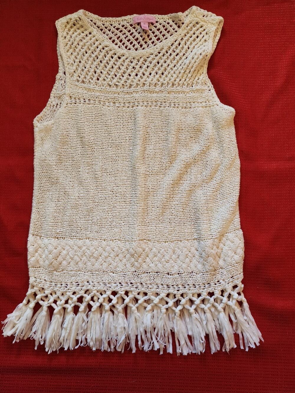 Lilly Pulitzer Tank Top Women's M White Crochet Chevron Tassel Fringe Beach